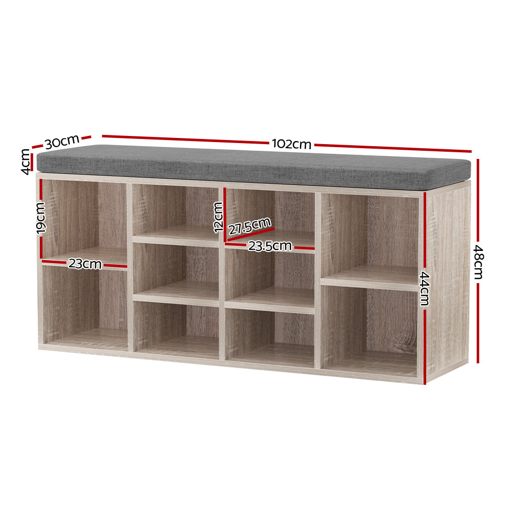 Shoe Rack Cabinet Bench – 10 Compartments, Pine with Fabric Seat