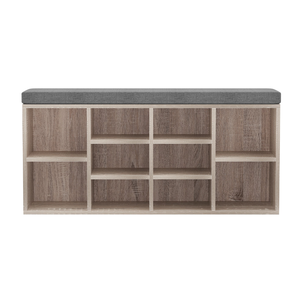 Shoe Rack Cabinet Bench – 10 Compartments, Pine with Fabric Seat