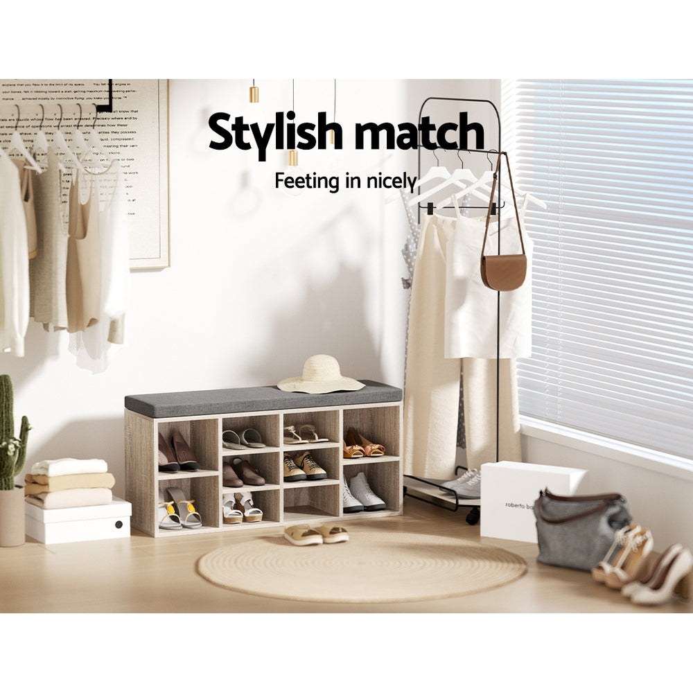 Shoe Rack Cabinet Bench – 10 Compartments, Pine with Fabric Seat