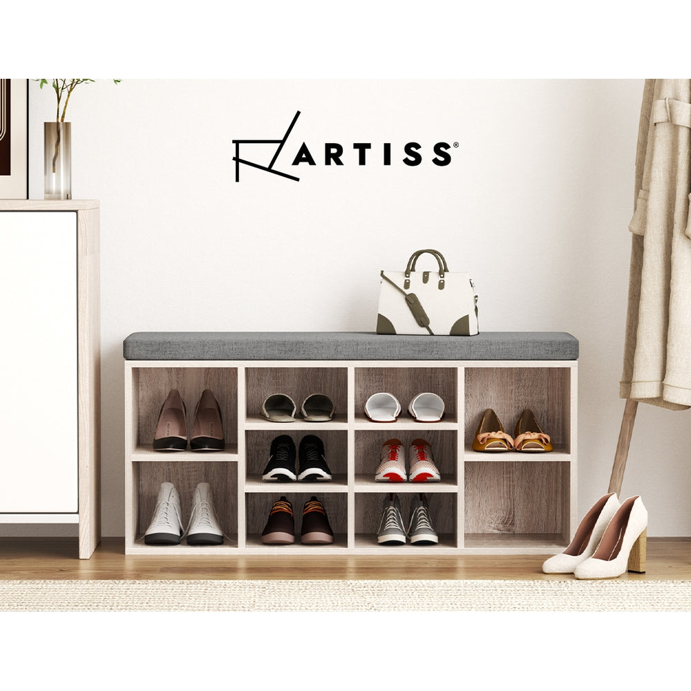 Shoe Rack Cabinet Bench – 10 Compartments, Pine with Fabric Seat