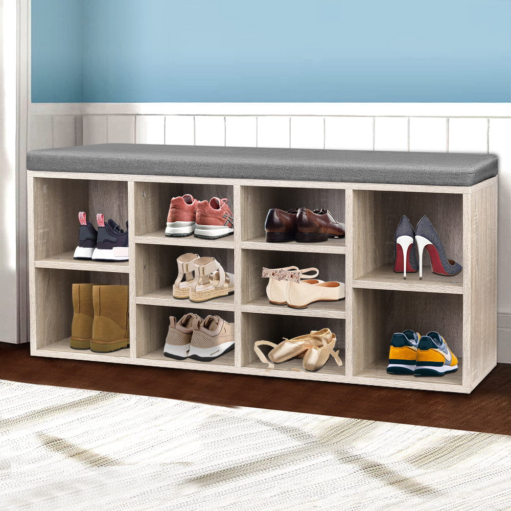 Shoe Rack Cabinet Bench – 10 Compartments, Pine with Fabric Seat
