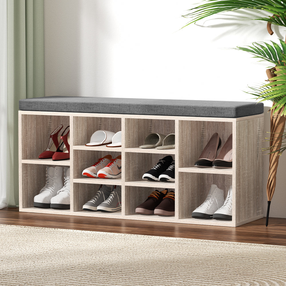 Shoe Rack Cabinet Bench – 10 Compartments, Pine with Fabric Seat