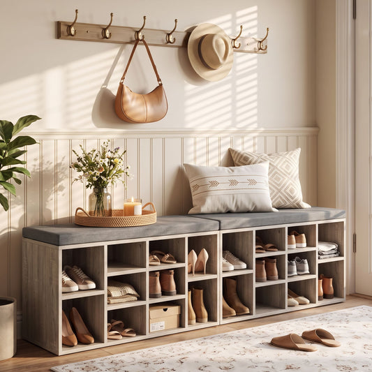 TWSC Shoe Bench x2 Set Fabric Seat Pine Hallway Bedroom