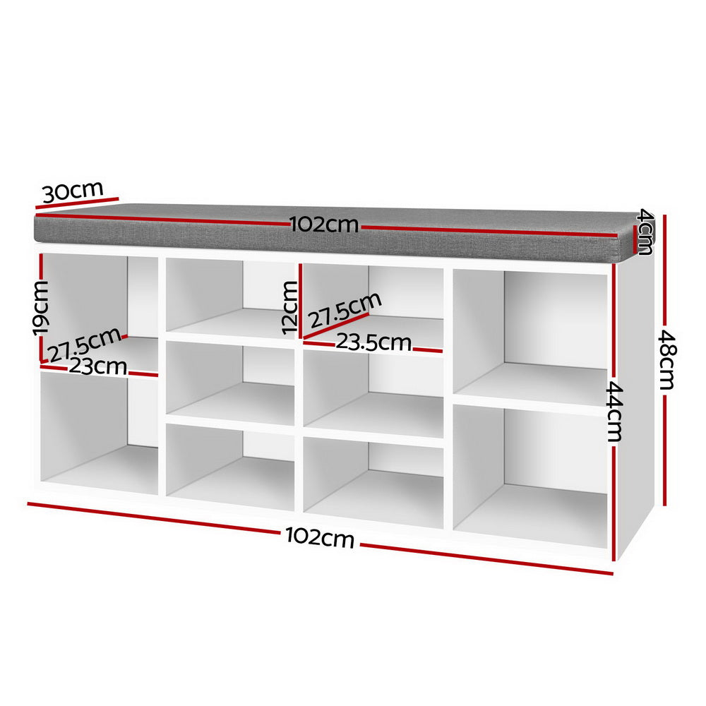 Shoe Rack Storage Cabinet Bench – 10 Compartments, Two-Tone Fabric Cushion