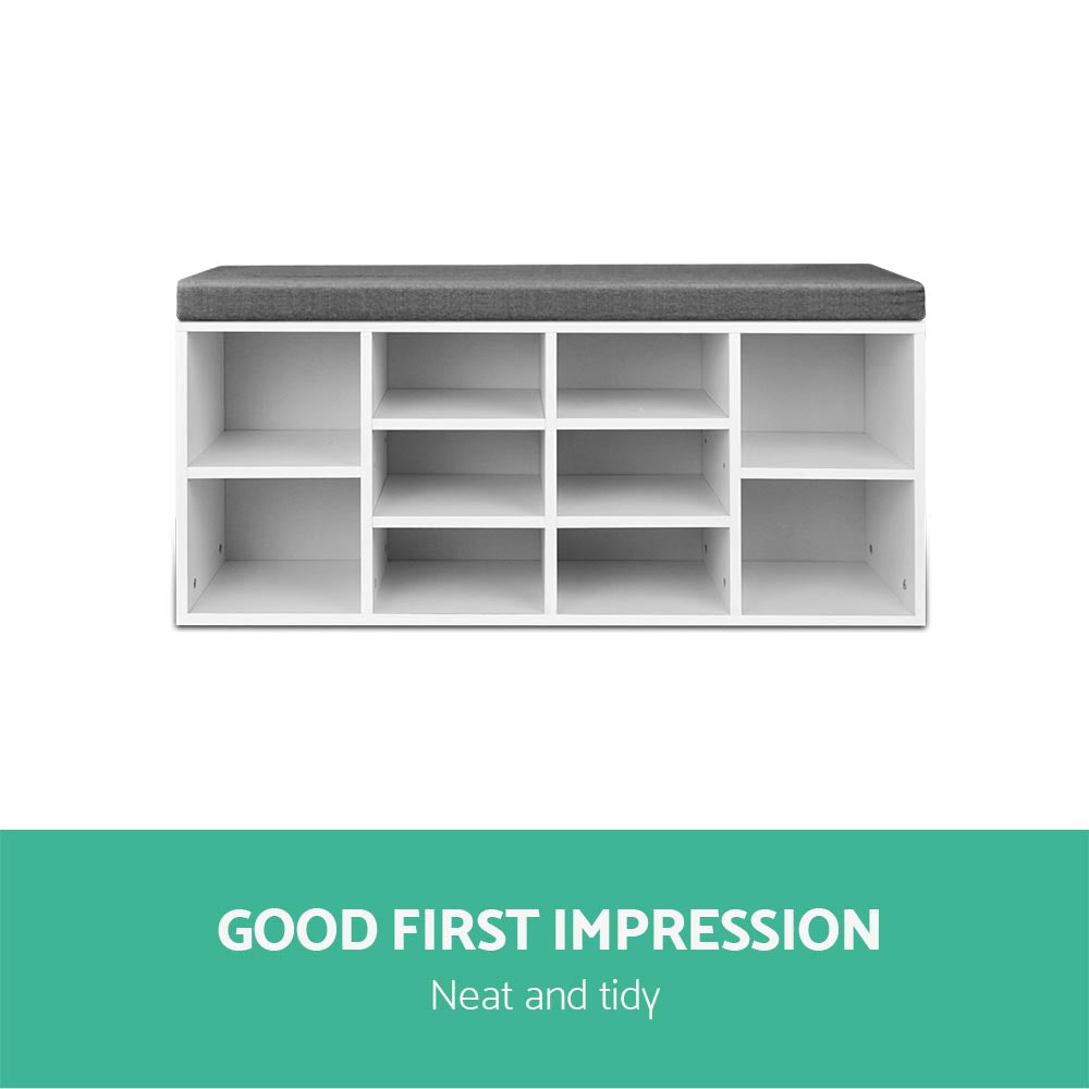 Shoe Rack Storage Cabinet Bench – 10 Compartments, Two-Tone Fabric Cushion