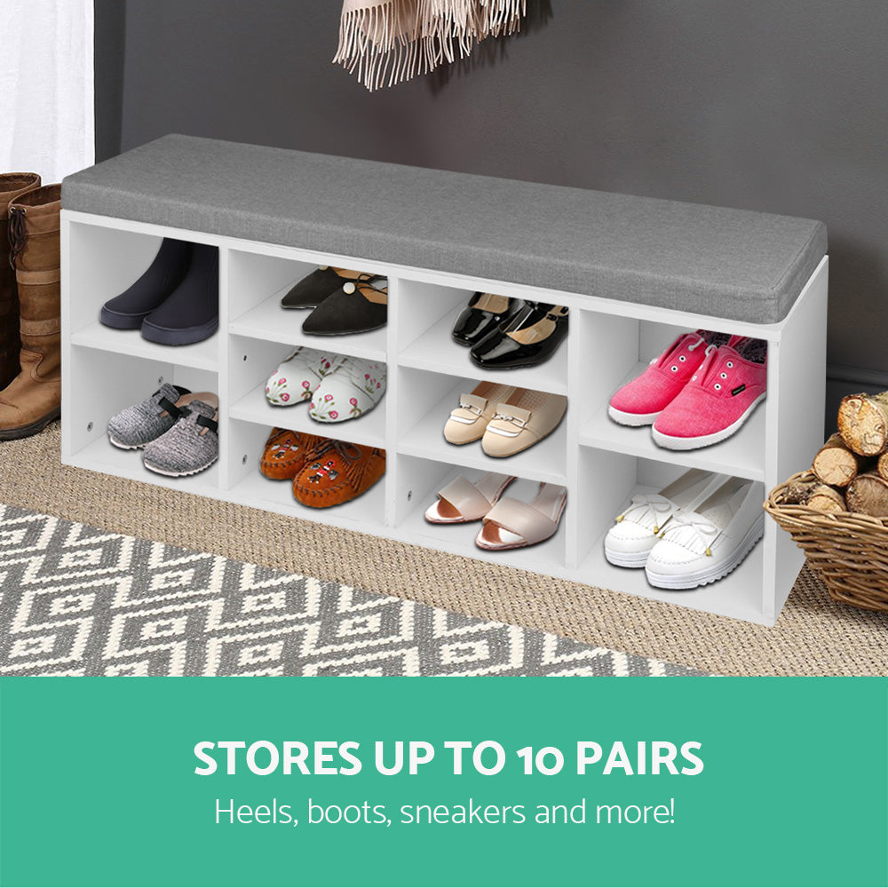 Shoe Rack Storage Cabinet Bench – 10 Compartments, Two-Tone Fabric Cushion