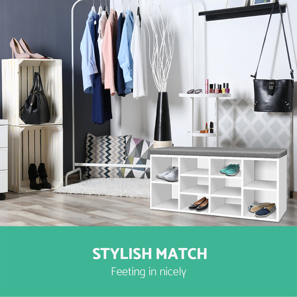 Shoe Rack Storage Cabinet Bench – 10 Compartments, Two-Tone Fabric Cushion