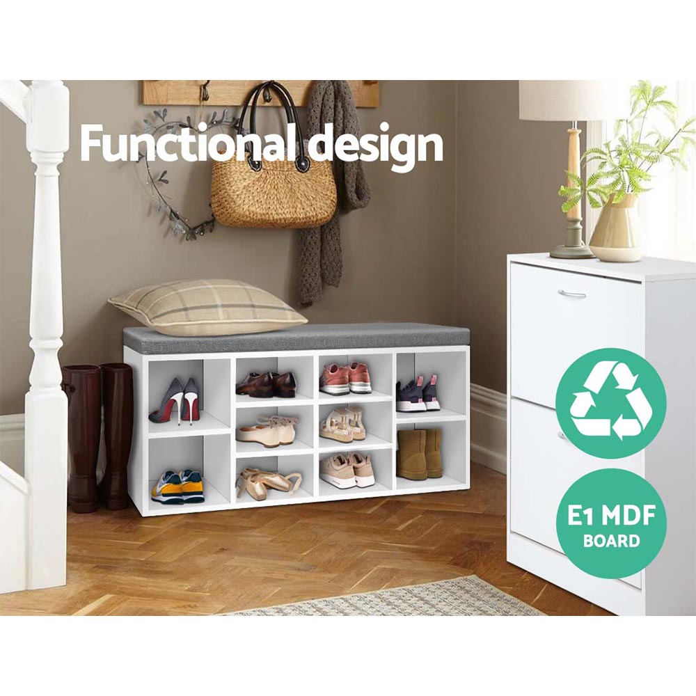 Shoe Rack Storage Cabinet Bench – 10 Compartments, Two-Tone Fabric Cushion