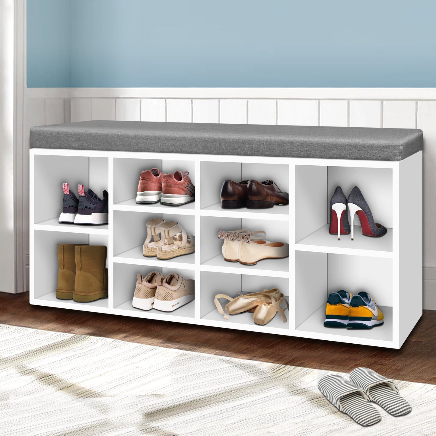 Shoe Rack Storage Cabinet Bench – 10 Compartments, Two-Tone Fabric Cushion