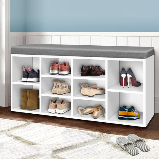 Shoe Rack Storage Cabinet Bench – 10 Compartments, Two-Tone Fabric Cushion