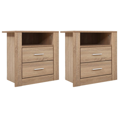 Set of two modern oak bedside tables with two drawers and shelf by The Willow Stone Collective, ideal for bedroom storage.