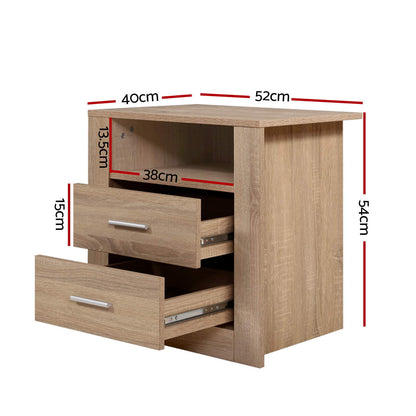 Set of two modern oak bedside tables with two drawers and a shelf from The Willow Stone Collective.