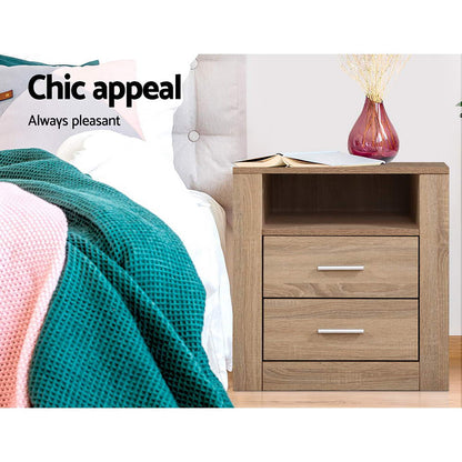 Pair of modern oak bedside tables with 2 drawers and a shelf from The Willow Stone Collective, bedroom furniture set.