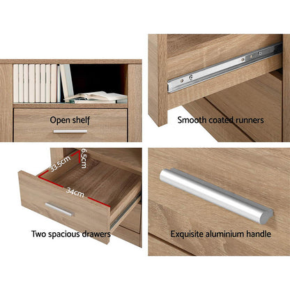 Set of two modern oak bedside tables with two drawers and shelf by The Willow Stone Collective, ideal for contemporary bedroom decor.