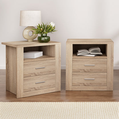Set of two modern oak finish bedside tables with two drawers and a shelf by The Willow Stone Collective.