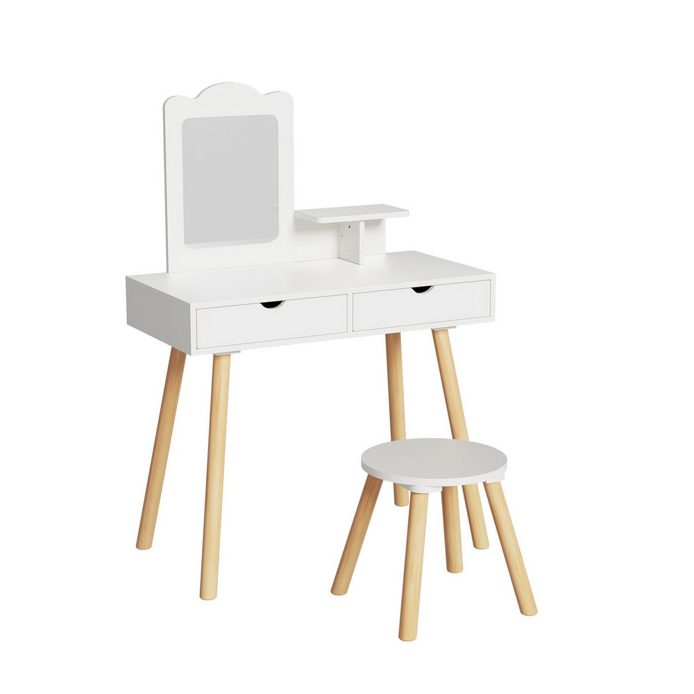Kids Dressing Table Vanity Set with Mirror and Pine Wood Legs – White, Spacious Storage