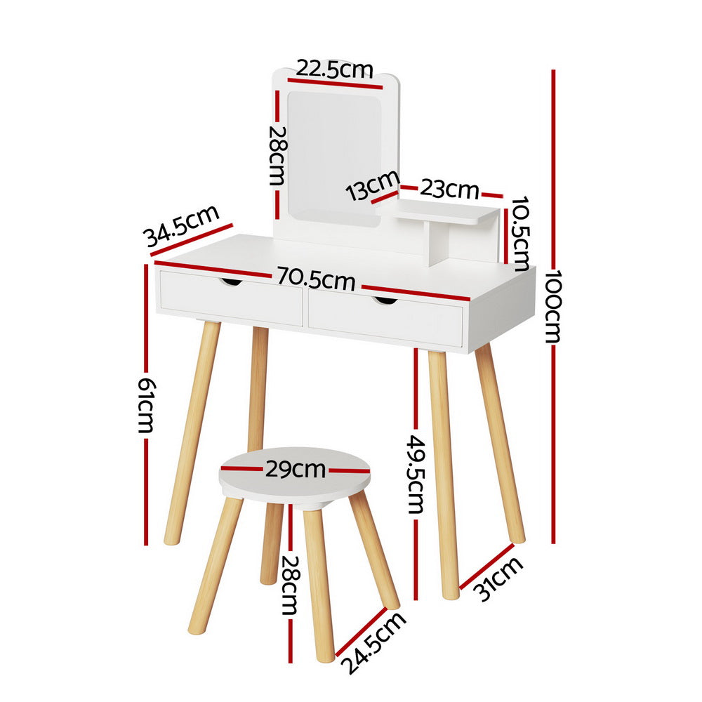 Kids Dressing Table Vanity Set with Mirror and Pine Wood Legs – White, Spacious Storage