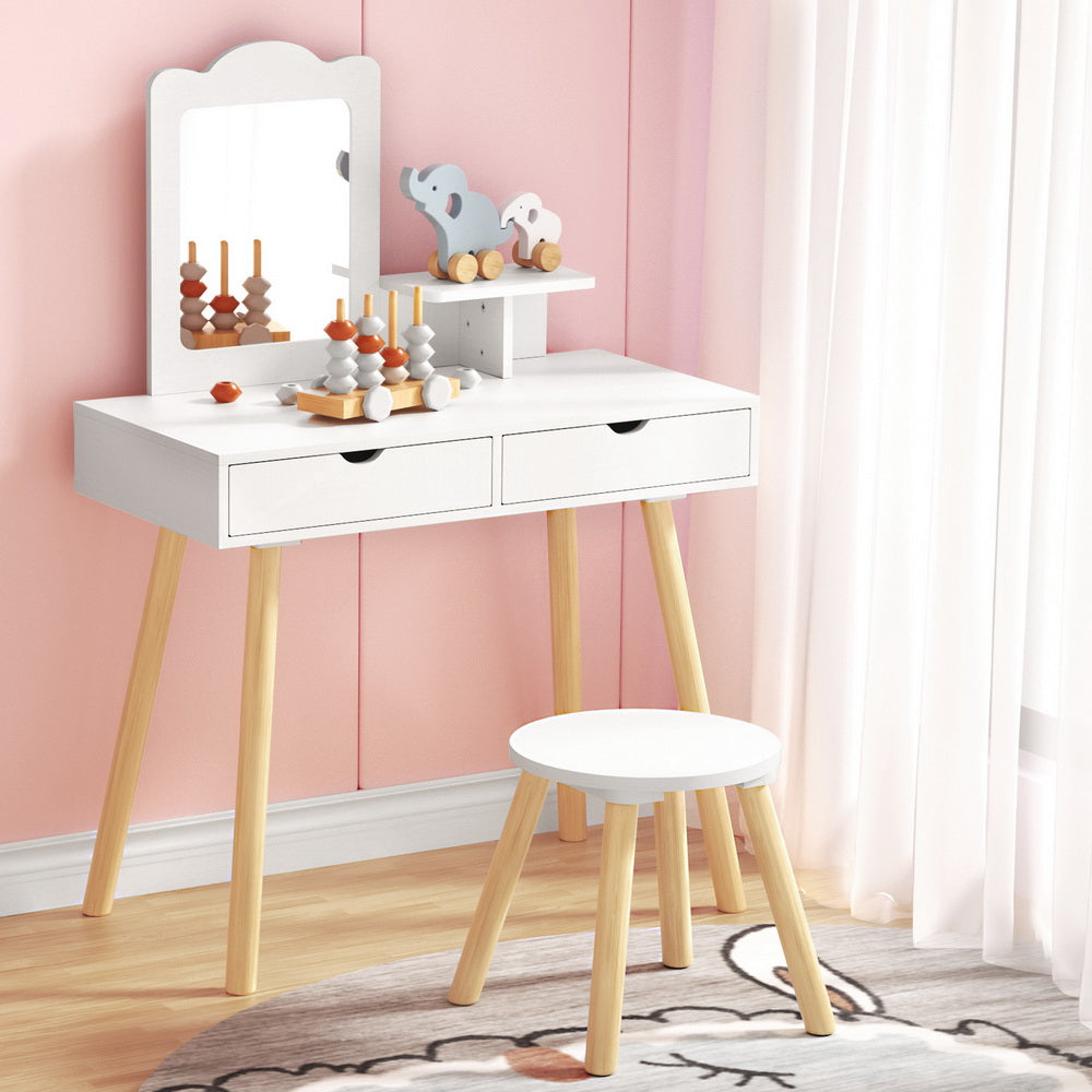 Kids Dressing Table Vanity Set with Mirror and Pine Wood Legs – White, Spacious Storage