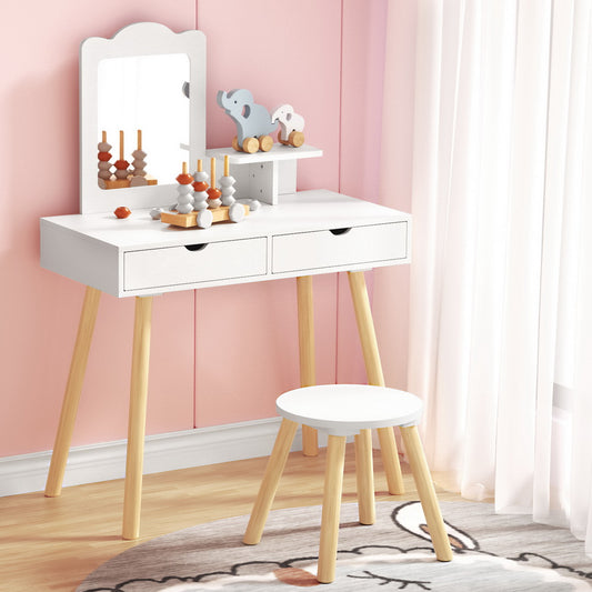 Kids Dressing Table Vanity Set with Mirror and Pine Wood Legs – White, Spacious Storage