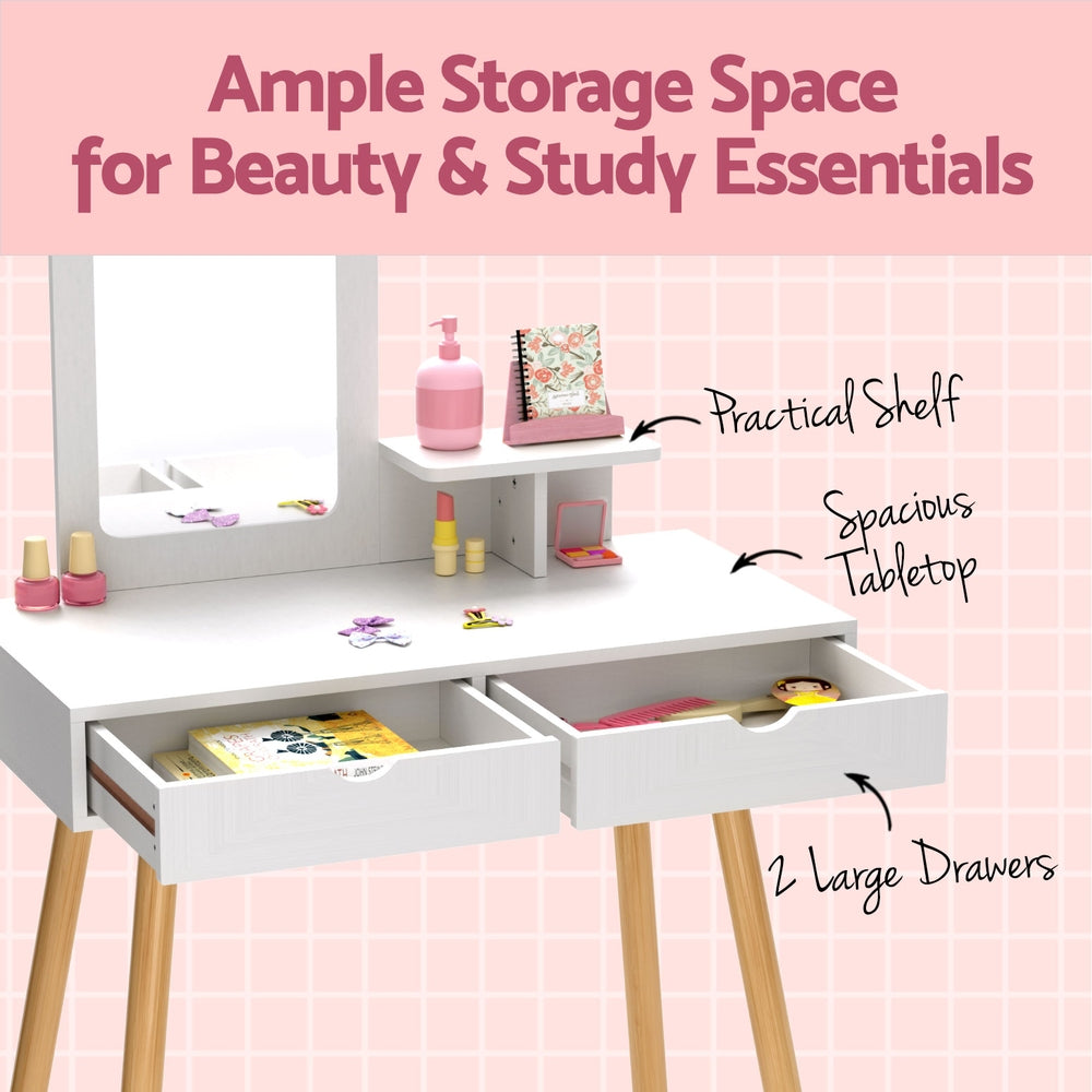 Kids Dressing Table Vanity Set with Mirror and Pine Wood Legs – White, Spacious Storage