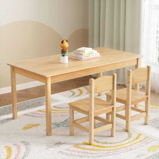 Kids Table and 2 Chairs Set – Durable Pinewood, Natural Finish