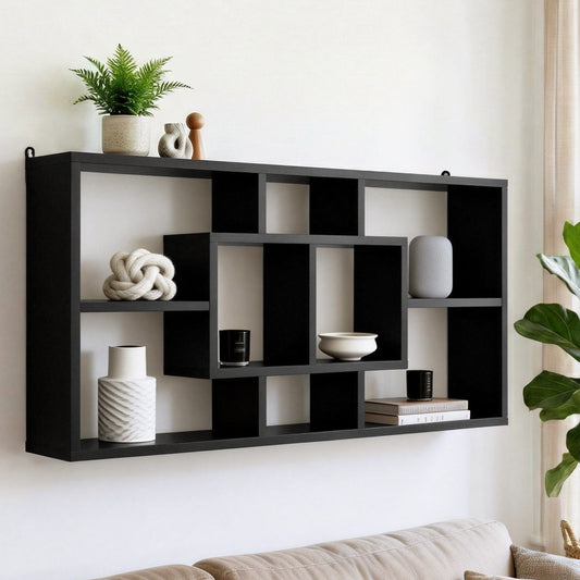 Floating Wall Shelf – Black, 8 Compartments, Versatile Display