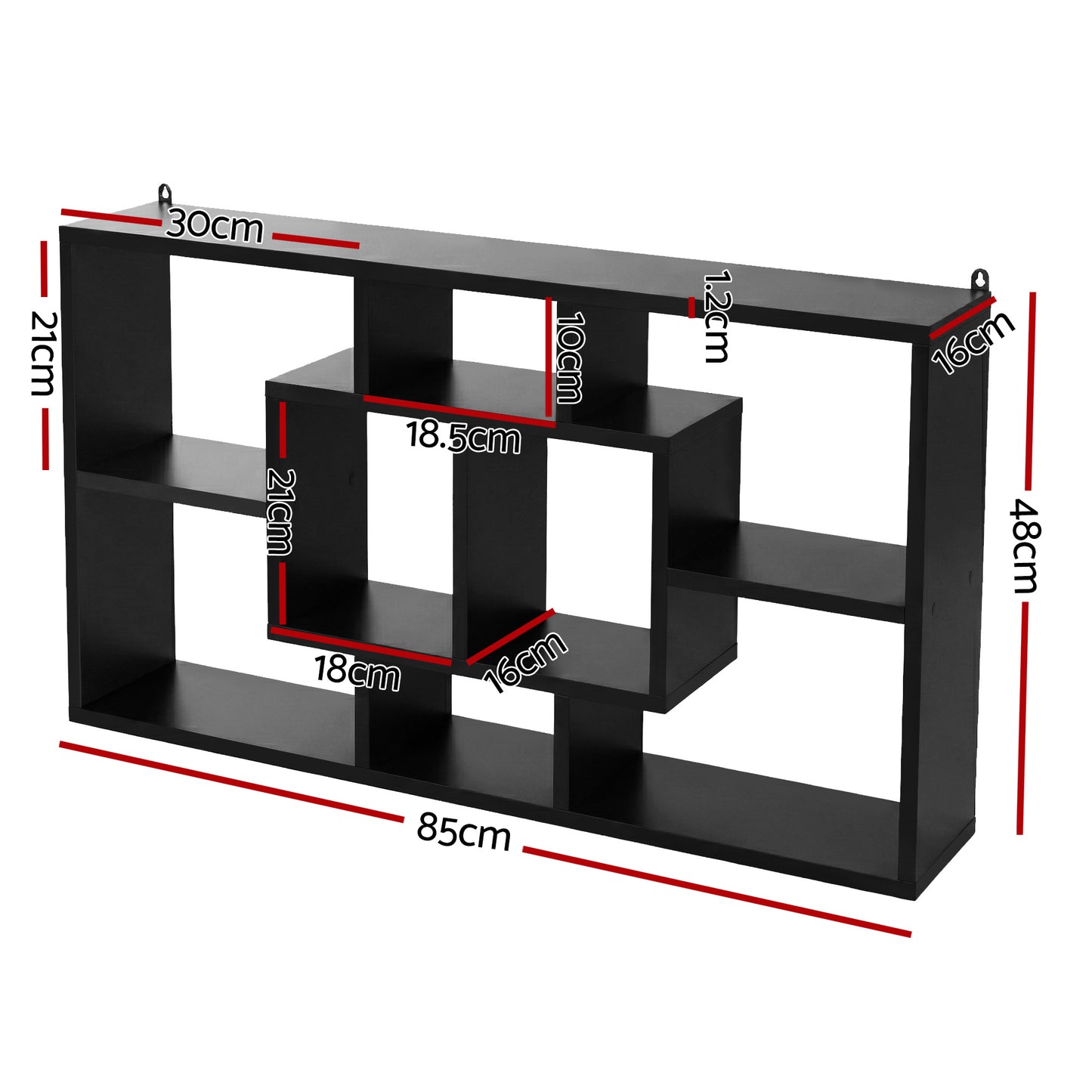 Floating Wall Shelf – Black, 8 Compartments, Versatile Display