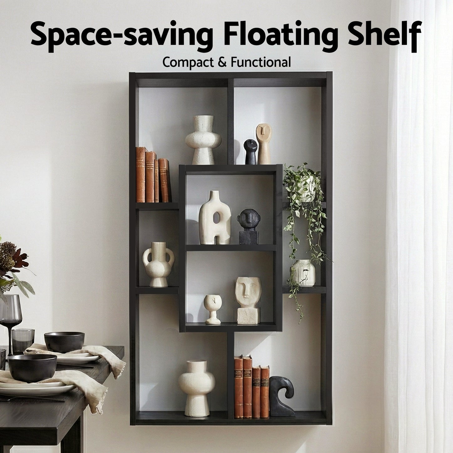 Floating Wall Shelf – Black, 8 Compartments, Versatile Display