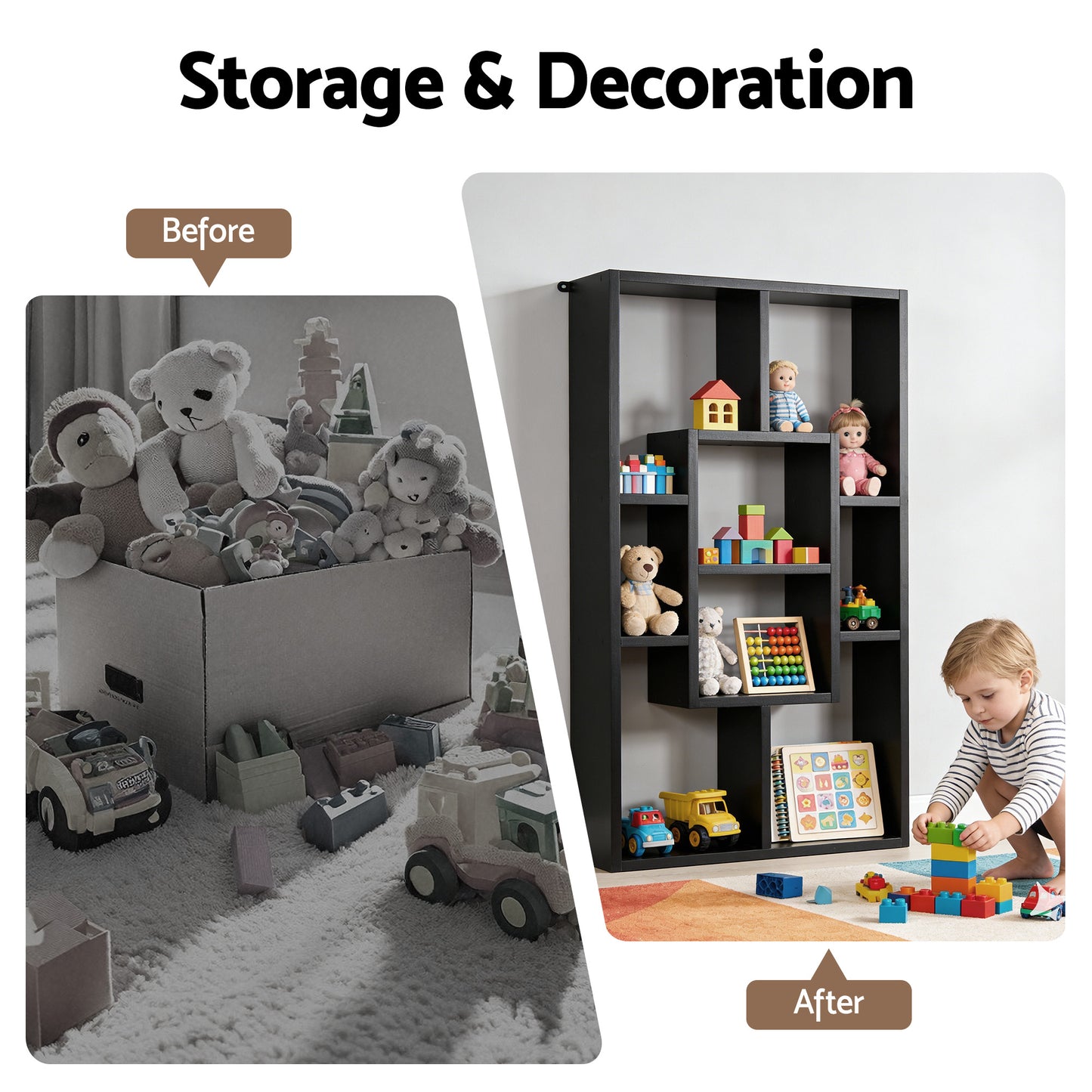 Floating Wall Shelf – Black, 8 Compartments, Versatile Display