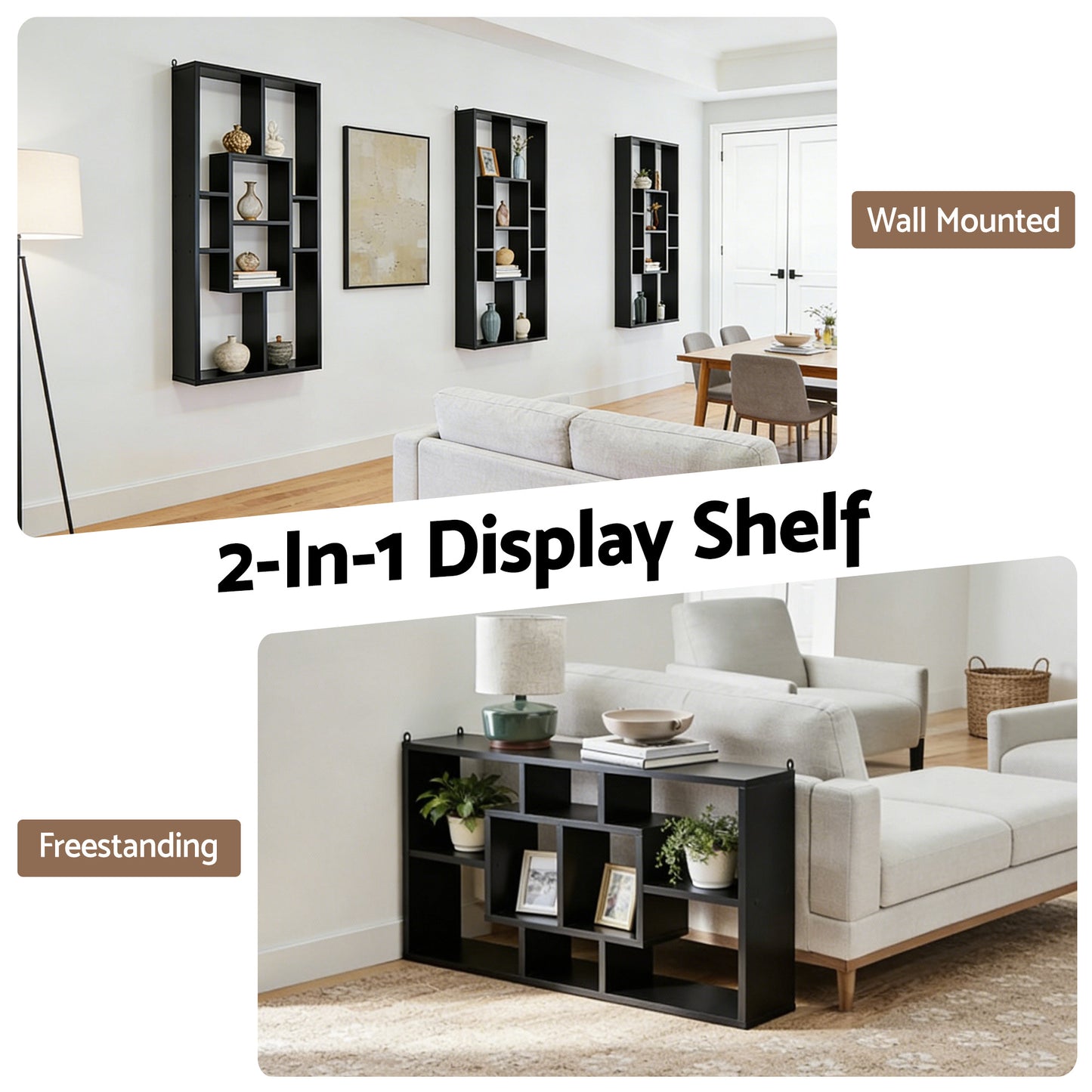 Floating Wall Shelf – Black, 8 Compartments, Versatile Display