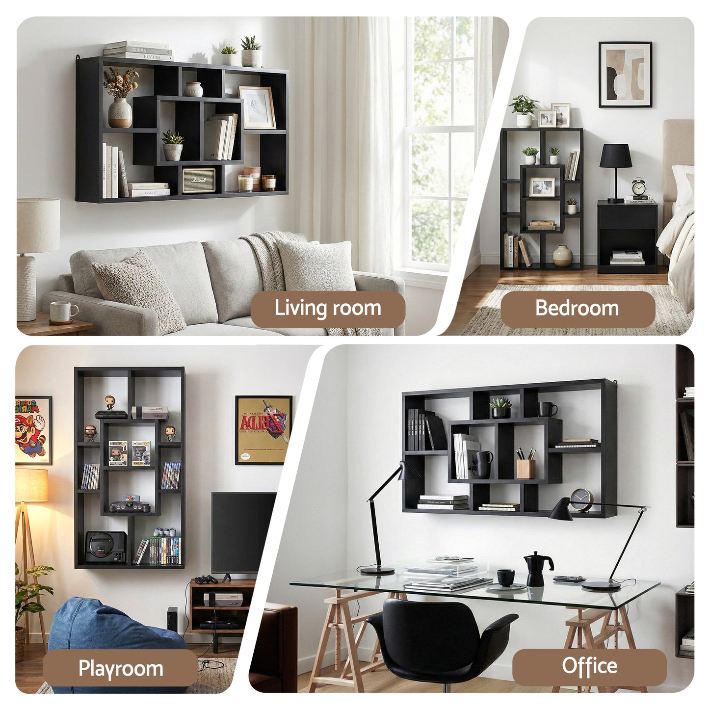 Floating Wall Shelf – Black, 8 Compartments, Versatile Display