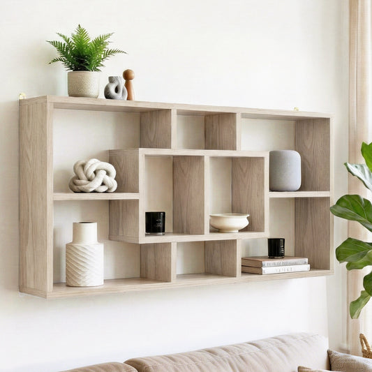 Floating Wall Shelf – Wood, 8 Compartments, Versatile Display