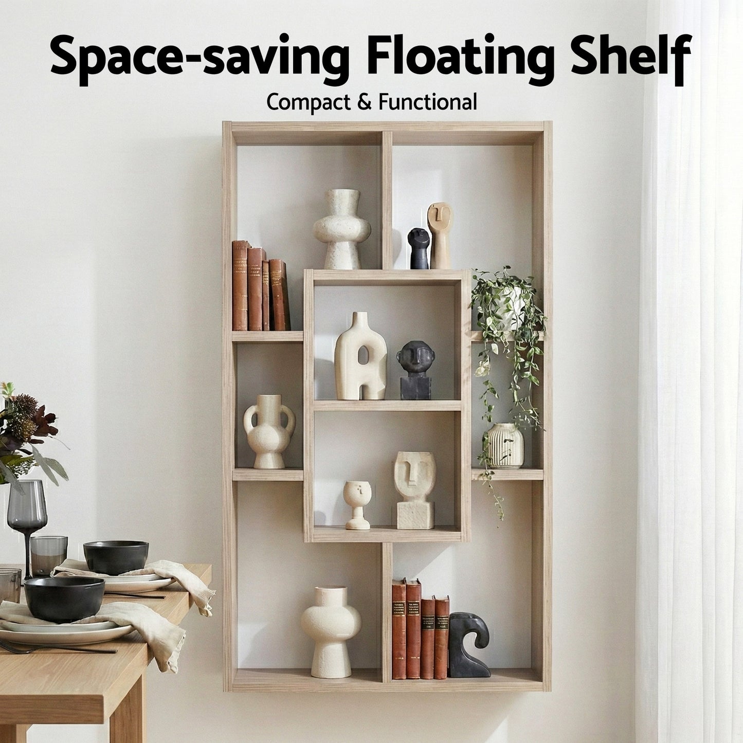 Floating Wall Shelf – Wood, 8 Compartments, Versatile Display