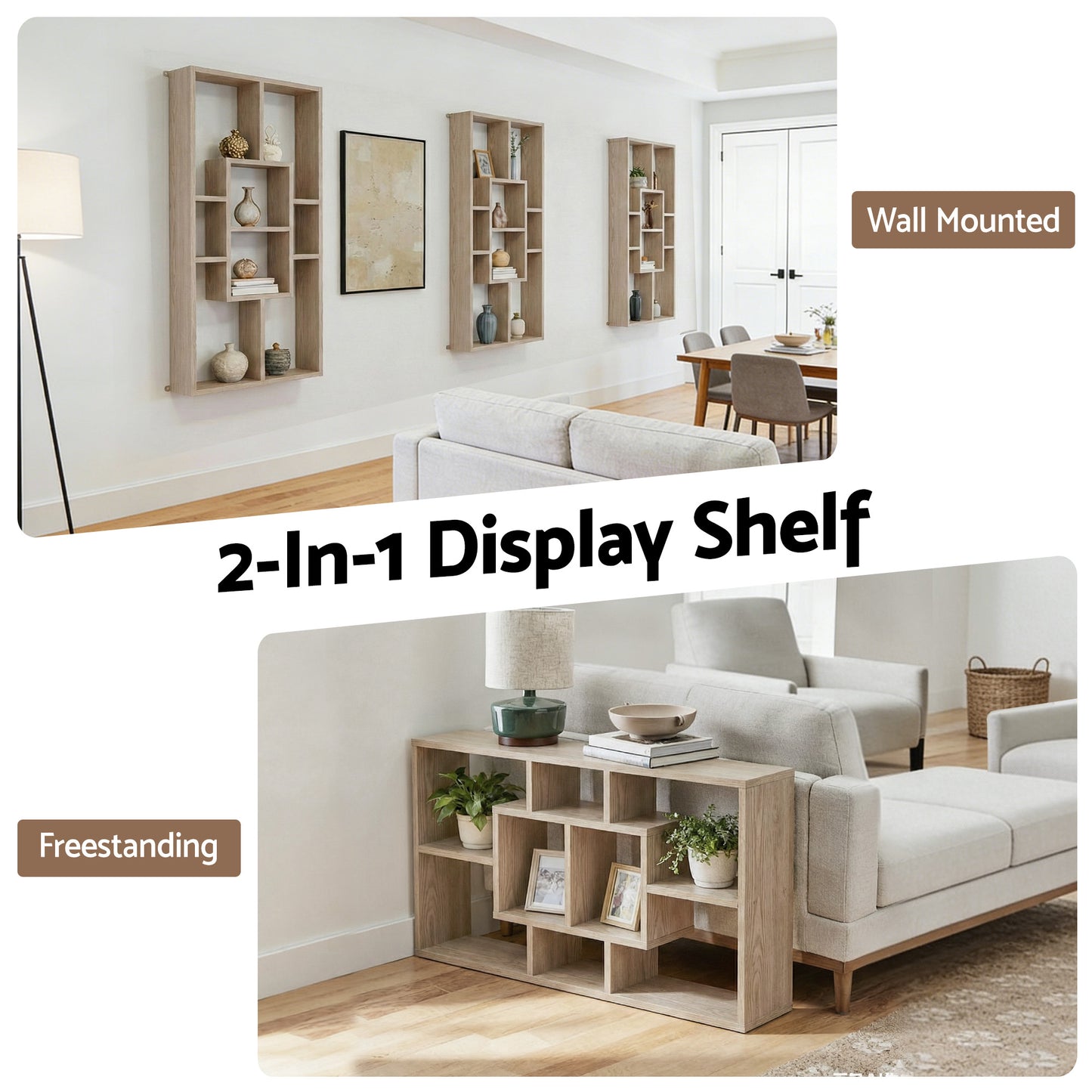 Floating Wall Shelf – Wood, 8 Compartments, Versatile Display