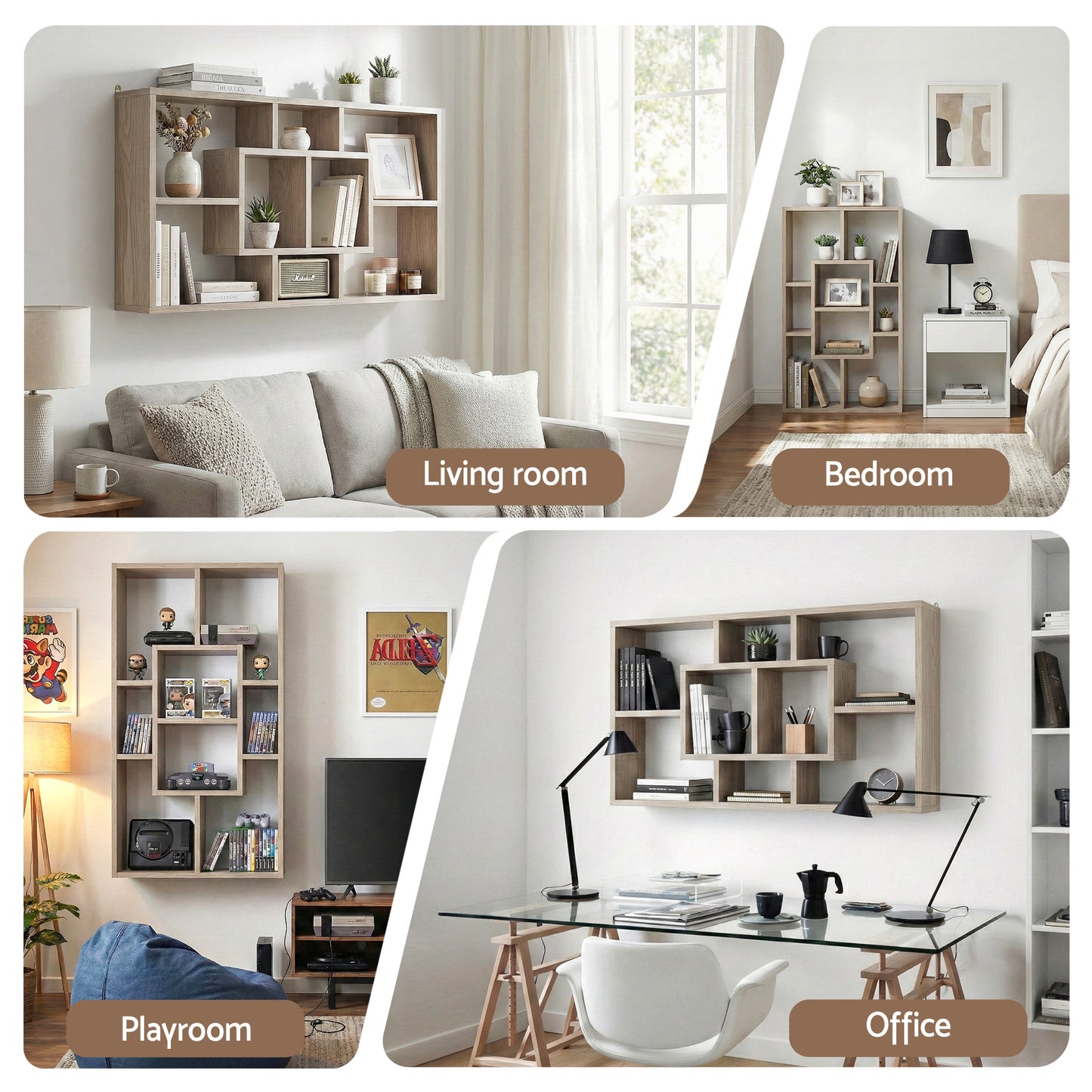 Floating Wall Shelf – Wood, 8 Compartments, Versatile Display
