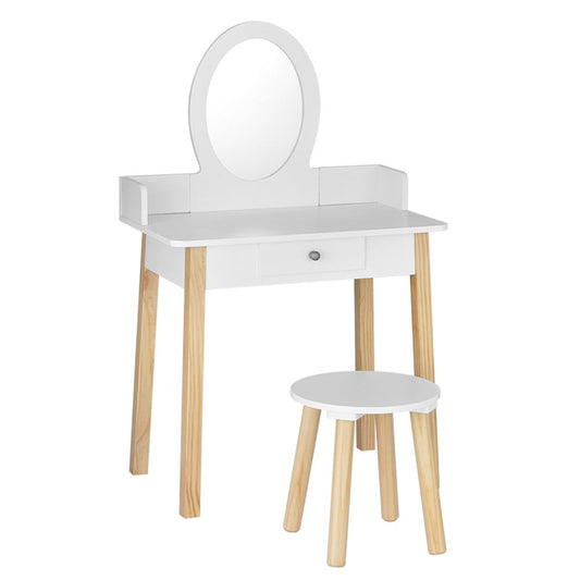 Kids Dressing Table and Chair Set – Detachable Mirror, White Wood Legs