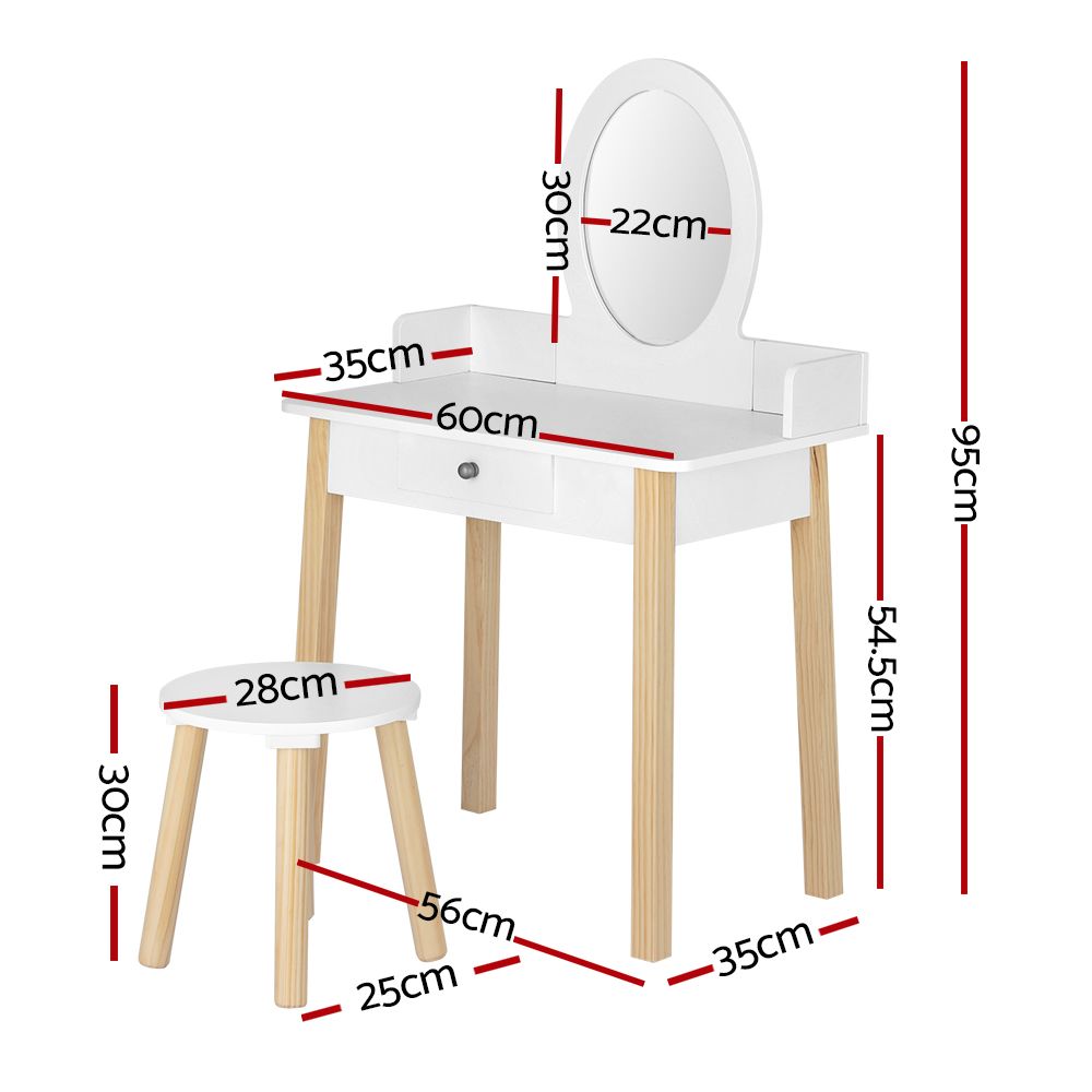 Kids Dressing Table and Chair Set – Detachable Mirror, White Wood Legs