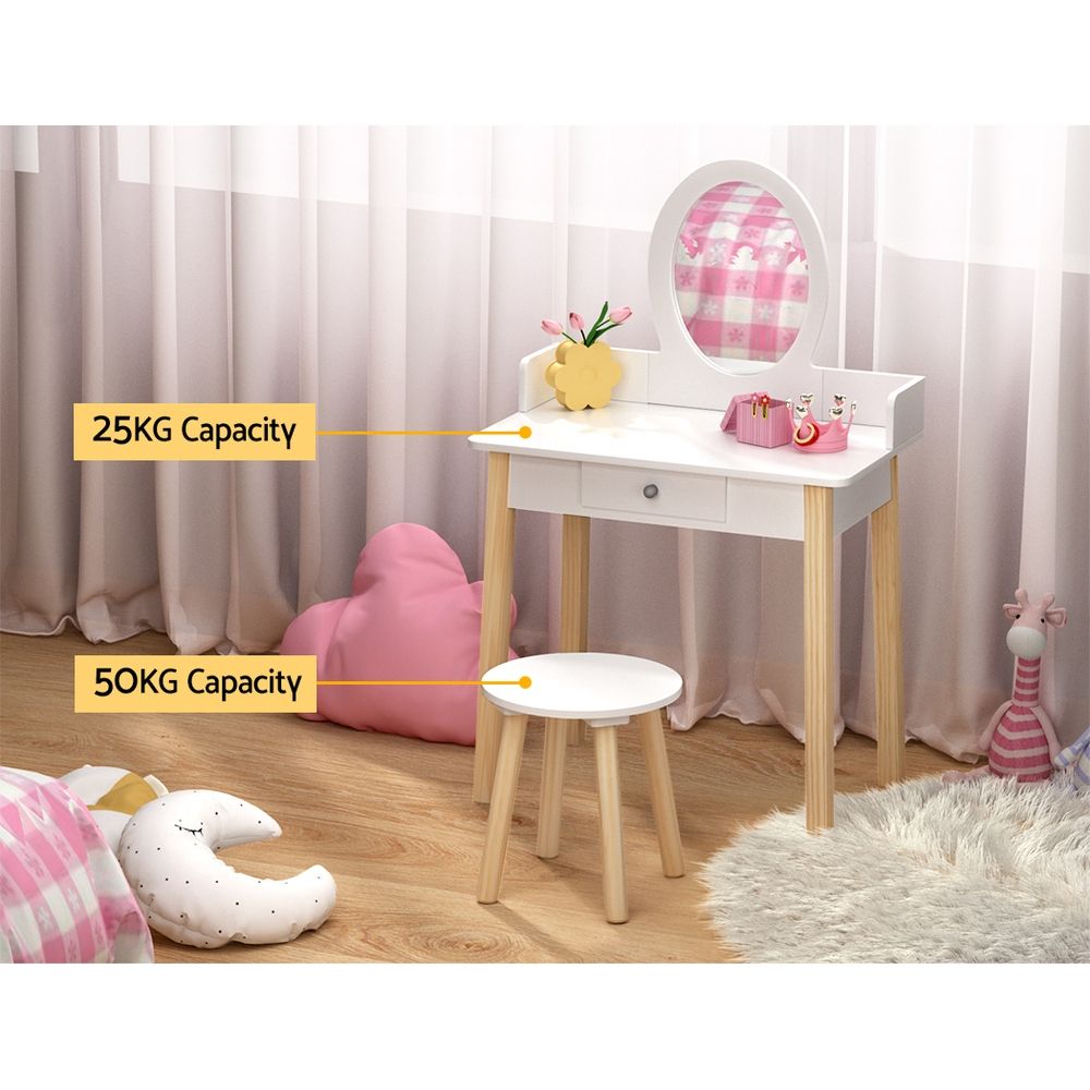 Kids Dressing Table and Chair Set – Detachable Mirror, White Wood Legs