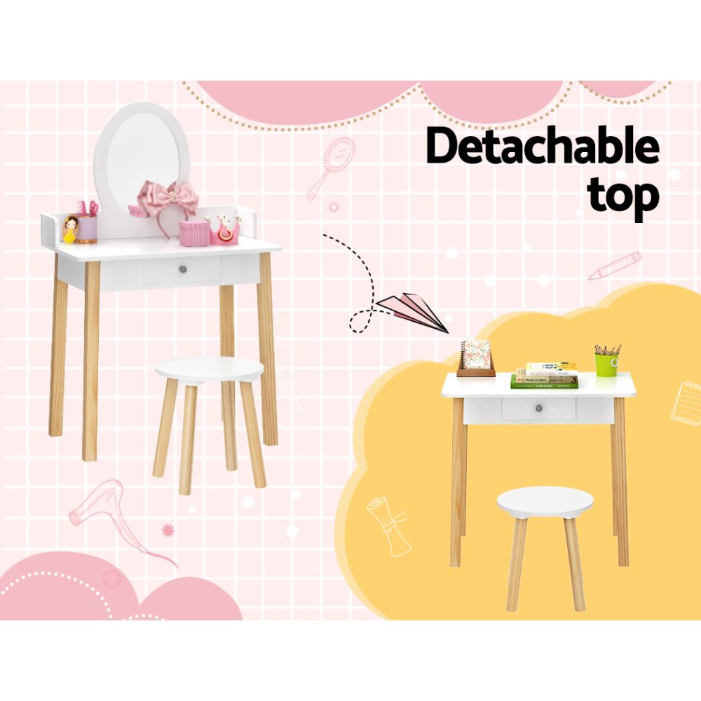 Kids Dressing Table and Chair Set – Detachable Mirror, White Wood Legs
