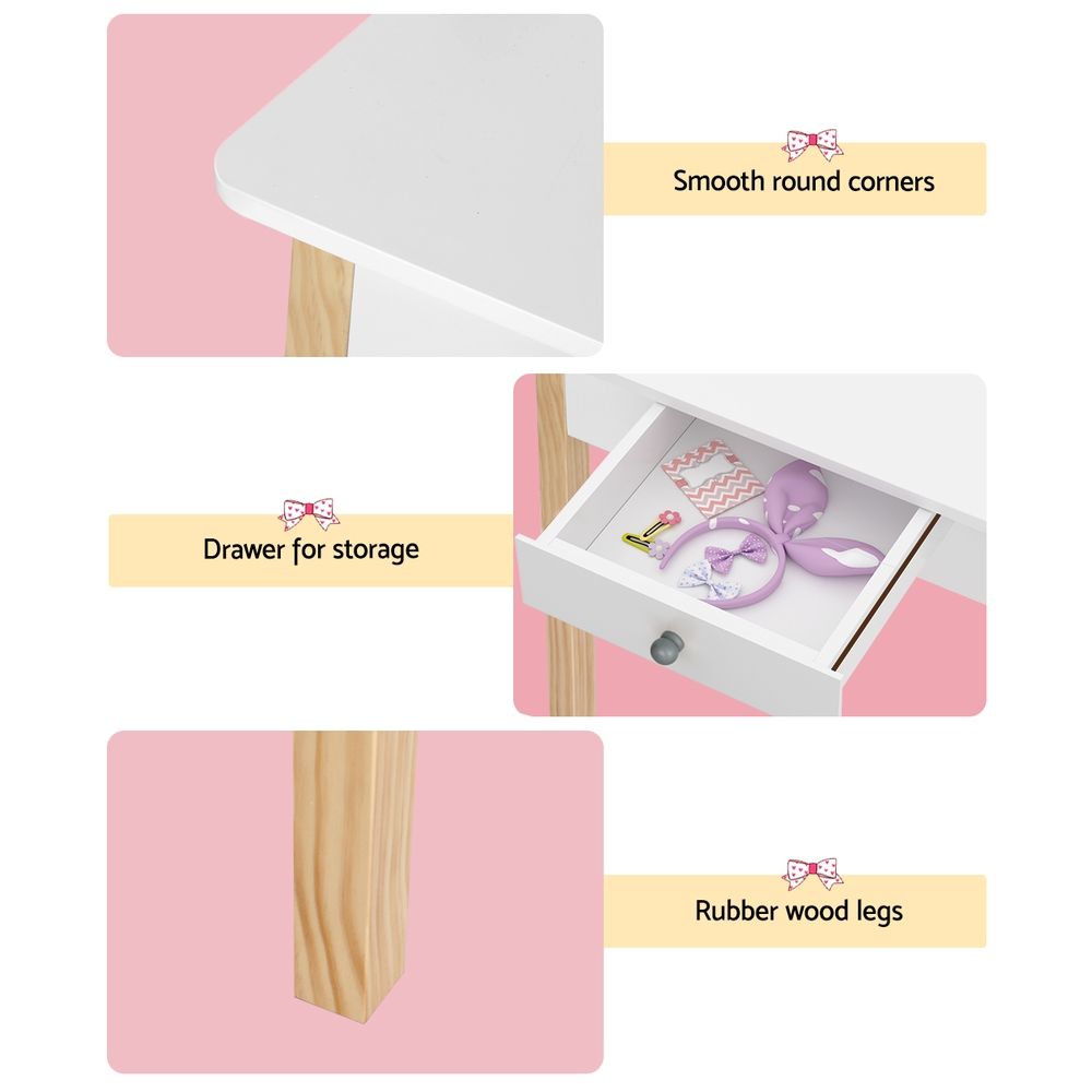 Kids Dressing Table and Chair Set – Detachable Mirror, White Wood Legs