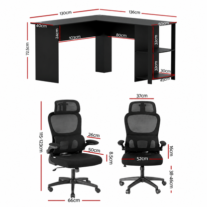 TWSC Office Desk and Chair Set L Shaped Computer Desk 136cm with 2 Tier Storage Shelves, Ergonomic Mesh Office Chair with Adjustable Headrest, Flip-Up Armrests & Lumbar Support