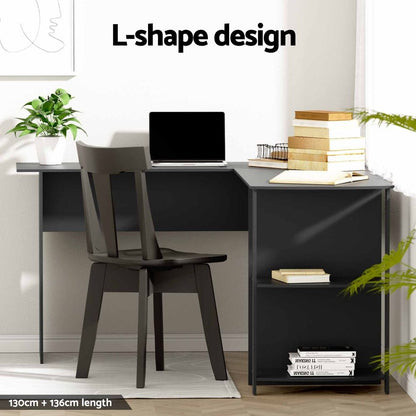 TWSC Office Desk and Chair Set L Shaped Computer Desk 136cm with 2 Tier Storage Shelves, Ergonomic Mesh Office Chair with Adjustable Headrest, Flip-Up Armrests & Lumbar Support