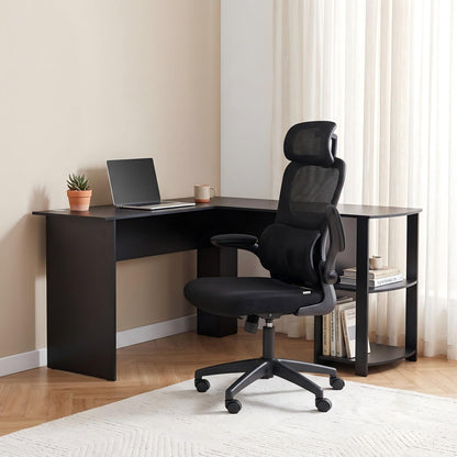 TWSC Office Desk and Chair Set L Shaped Computer Desk 136cm with 2 Tier Storage Shelves, Ergonomic Mesh Office Chair with Adjustable Headrest, Flip-Up Armrests & Lumbar Support