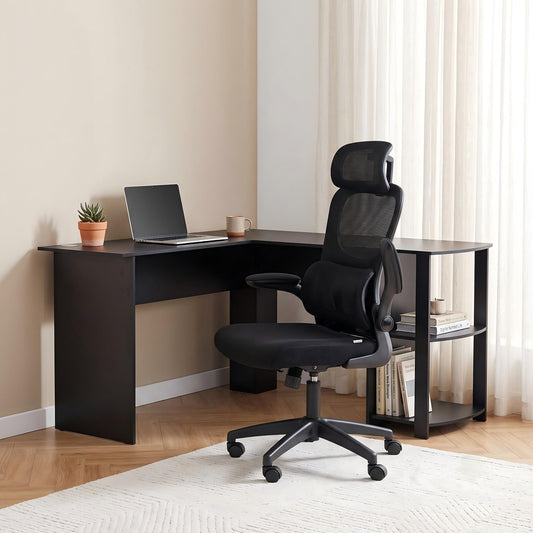 TWSC Office Desk and Chair Set L Shaped Computer Desk 136cm with 2 Tier Storage Shelves, Ergonomic Mesh Office Chair with Adjustable Headrest, Flip-Up Armrests & Lumbar Support