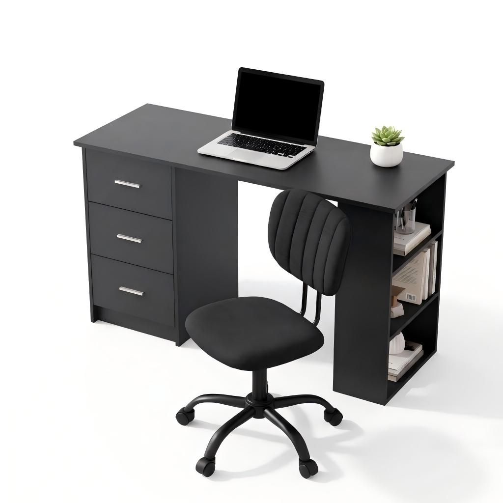 TWSC Office Desk & Chair Set 120cm Computer Desk with 3 Drawers & Open Shelves, Ergonomic Armless Office Chair with Wheels, Height Adjustable for Home Office Study