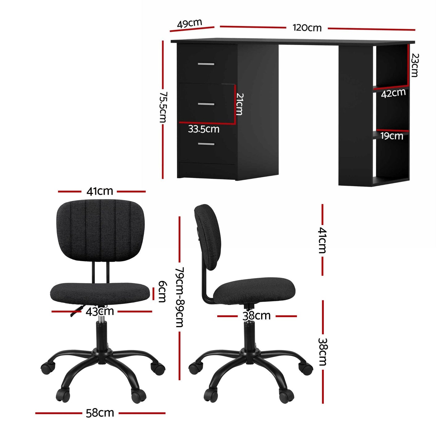 TWSC Office Desk & Chair Set 120cm Computer Desk with 3 Drawers & Open Shelves, Ergonomic Armless Office Chair with Wheels, Height Adjustable for Home Office Study