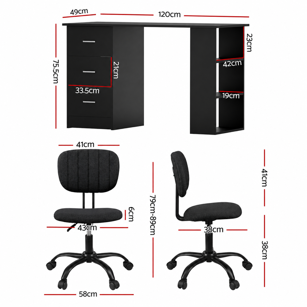 TWSC Office Desk & Chair Set 120cm Computer Desk with 3 Drawers & Open Shelves, Ergonomic Armless Office Chair with Wheels, Height Adjustable for Home Office Study