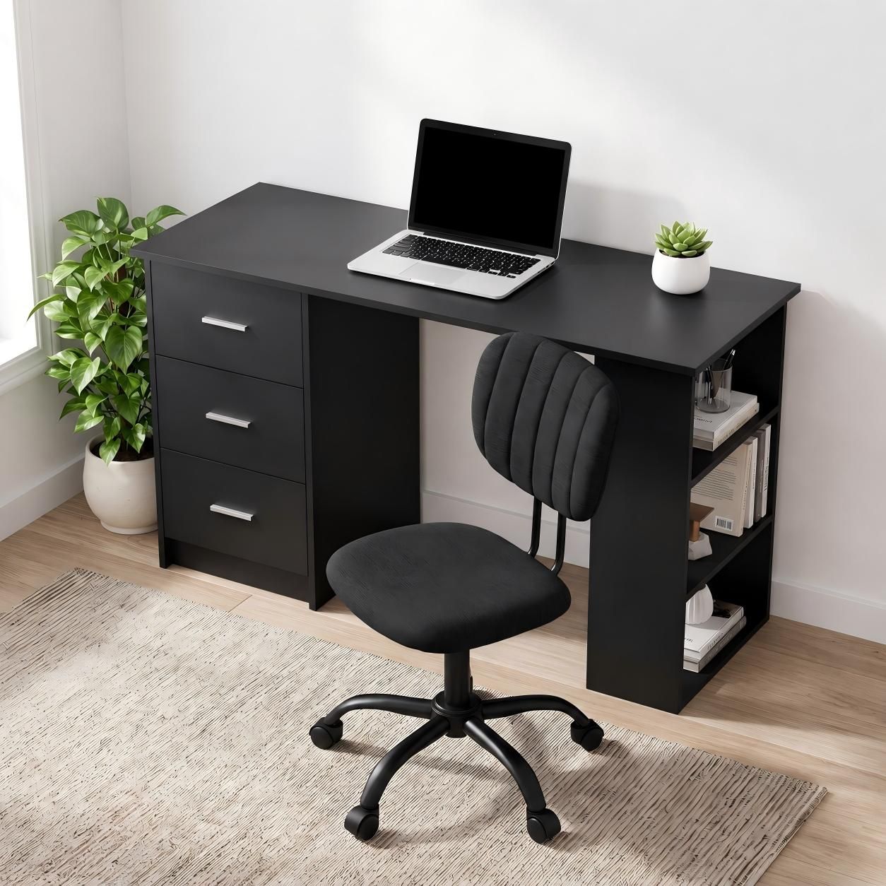 TWSC Office Desk & Chair Set 120cm Computer Desk with 3 Drawers & Open Shelves, Ergonomic Armless Office Chair with Wheels, Height Adjustable for Home Office Study