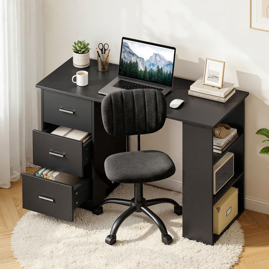 TWSC Office Desk & Chair Set 120cm Computer Desk with 3 Drawers & Open Shelves, Ergonomic Armless Office Chair with Wheels, Height Adjustable for Home Office Study