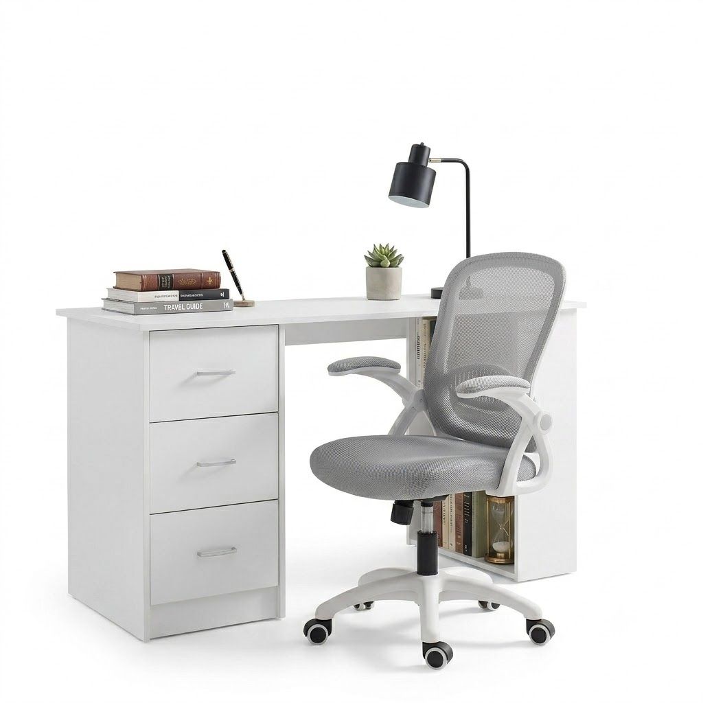 TWSC Computer Desk & Ergonomic Office Chair Set 120cm Home Office Study Desk with 3 Drawers & 3 Shelves, Mesh Computer Chair with Flip-Up Armrests